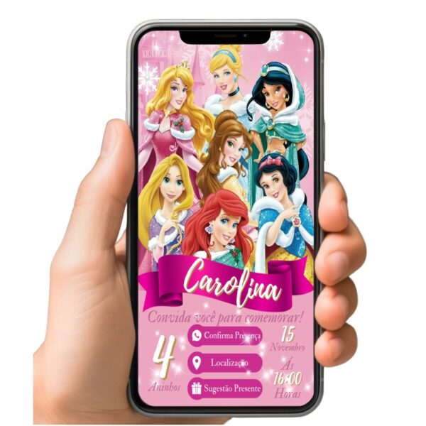 Convite Aniversário Infantil com Botão Clicável - Princesas Disney 1