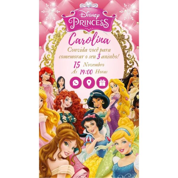 Convite Aniversário Infantil com Botão Clicável - Princesas Disney 3 - Image 2