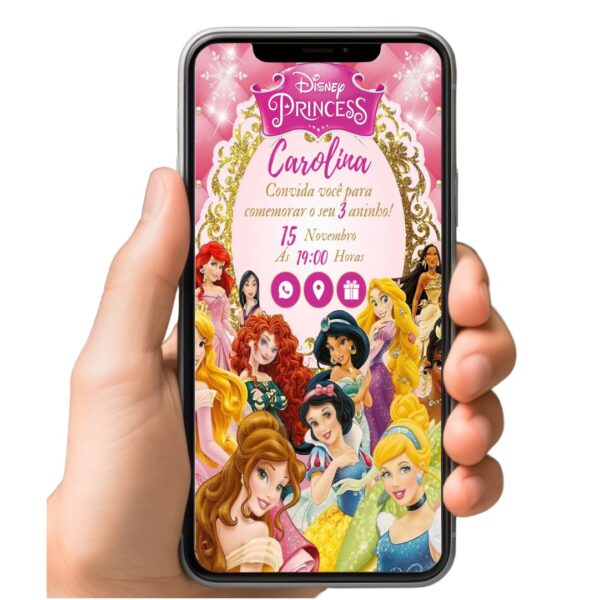 Convite Aniversário Infantil com Botão Clicável - Princesas Disney 3